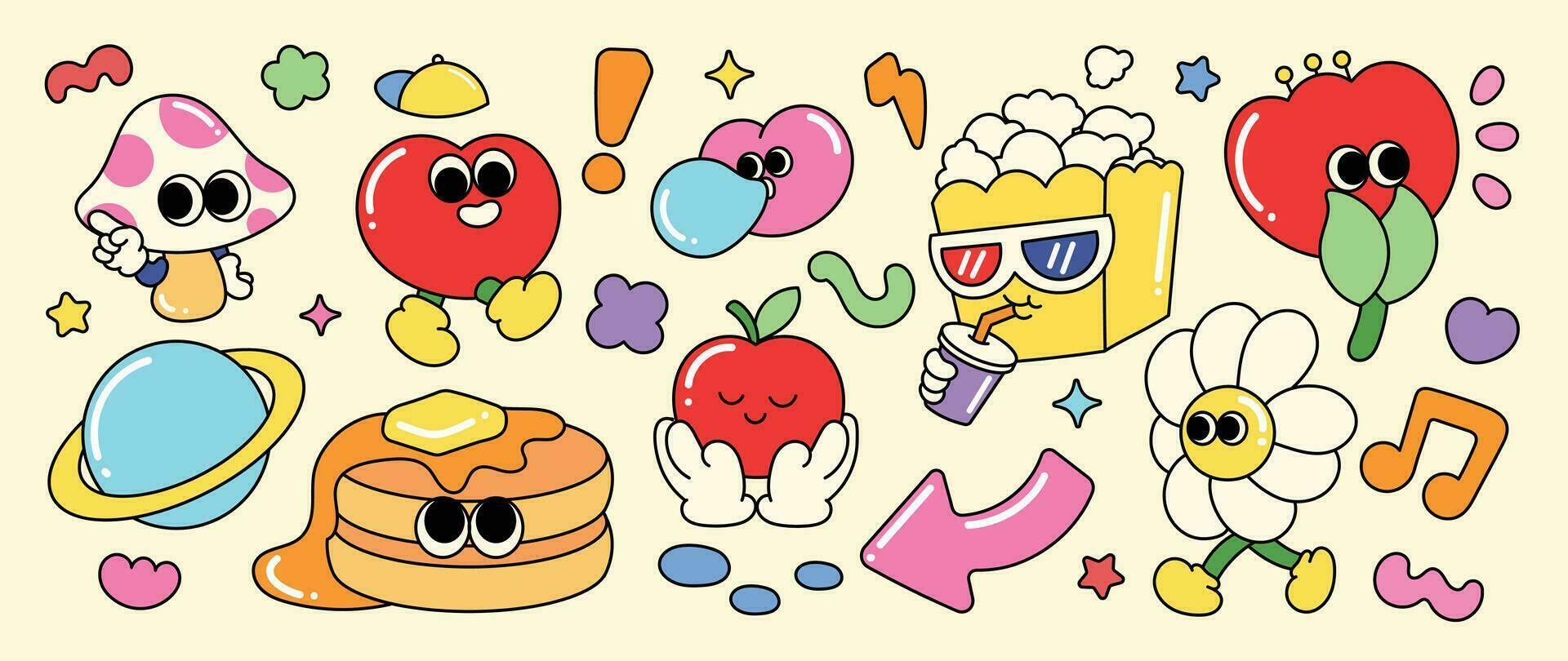 Set of 70s groovy element vector. Collection of cartoon characters, doodle smile face, heart, apple, pancake, popcorn, mushroom, flower, star. Cute retro groovy hippie design for decorative, sticker. vector