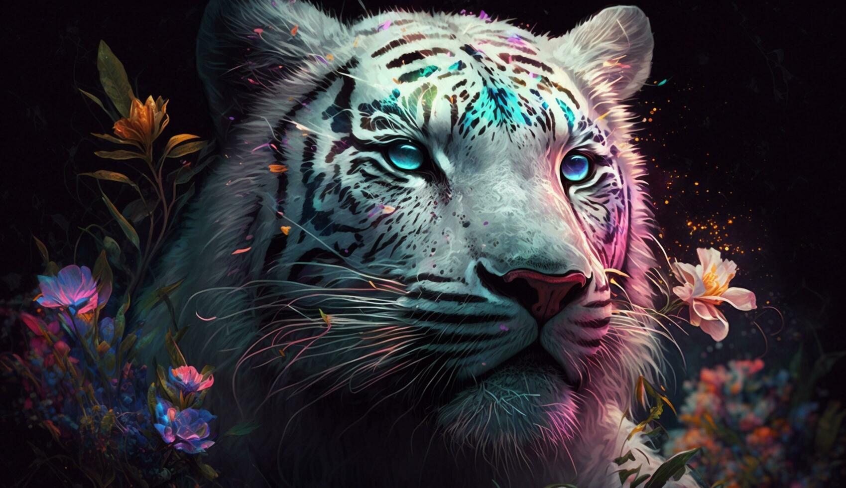 Free photo of tiger portrait with colorful glowing flowers, Ai generative image