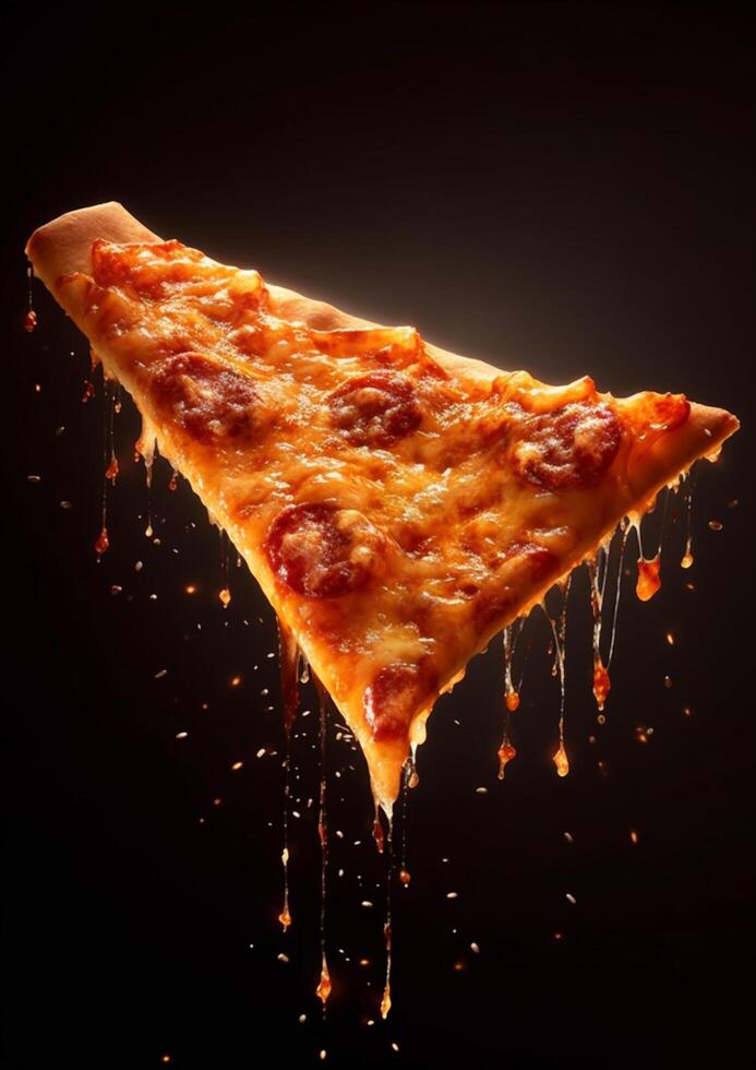 Hot tasty pizza with fire flames on dark background. Image for menu or poster. photo