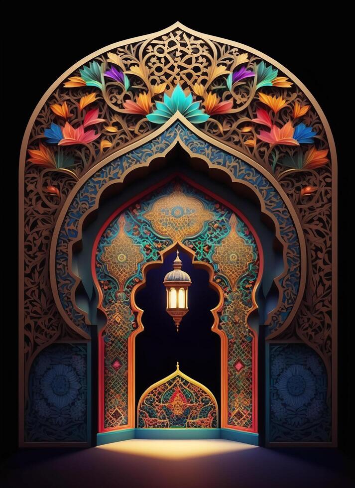 3d render mosque element in ornate arabic, Islamic architecture style interior. photo