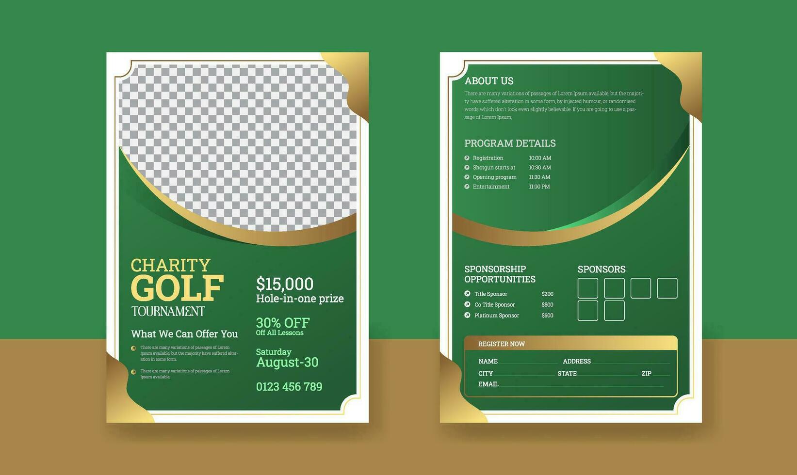 Golf tournament poster template with golf club and ball, golf game flyer and magazine cover vector