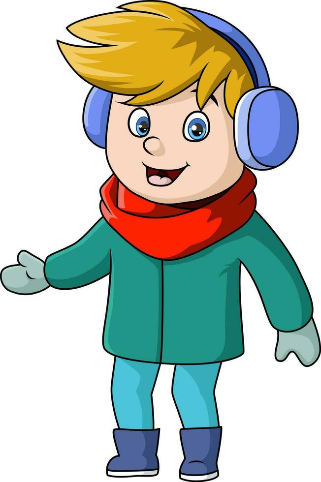 linda pequeño chico dibujos animados en invierno ropa vector