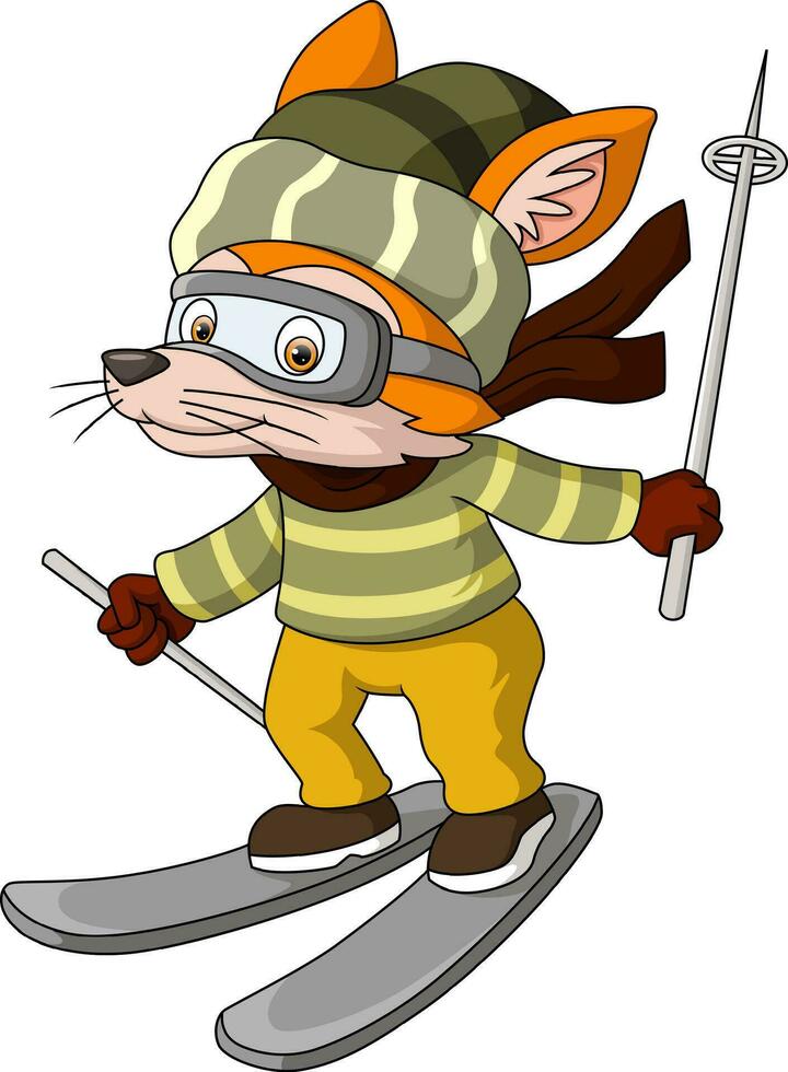 Cute fox cartoon playing skiing downhill vector