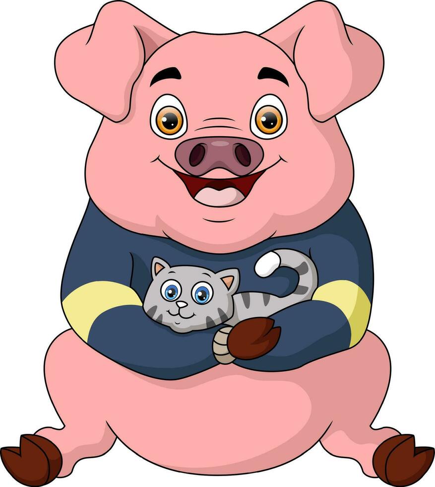 Cute pig and cat cartoon vector