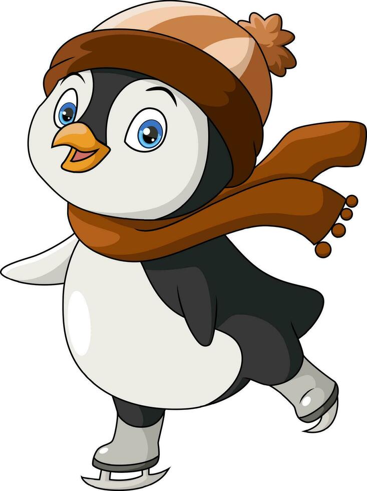 Cute penguin cartoon ice skating on white background vector