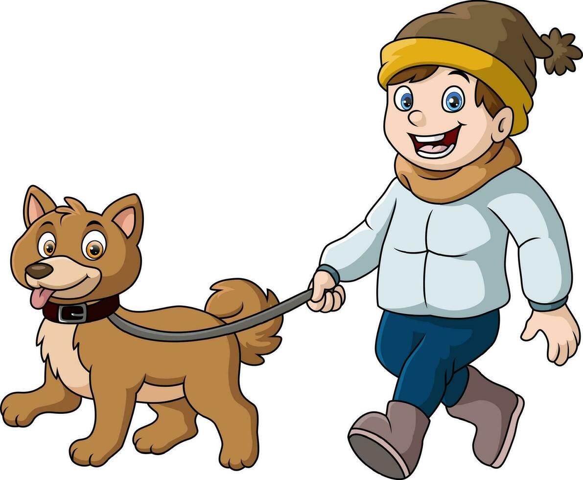 Cute little boy cartoon walking with dog vector