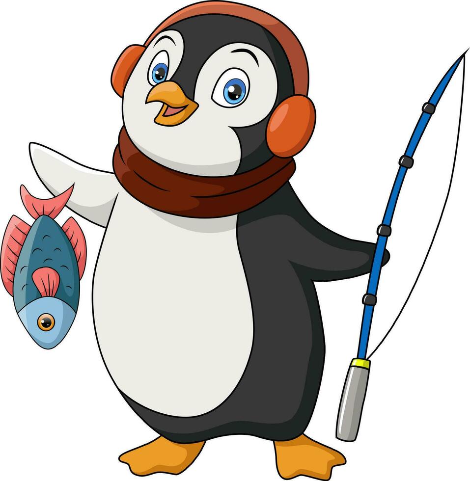linda pingüino pescar en blanco antecedentes vector