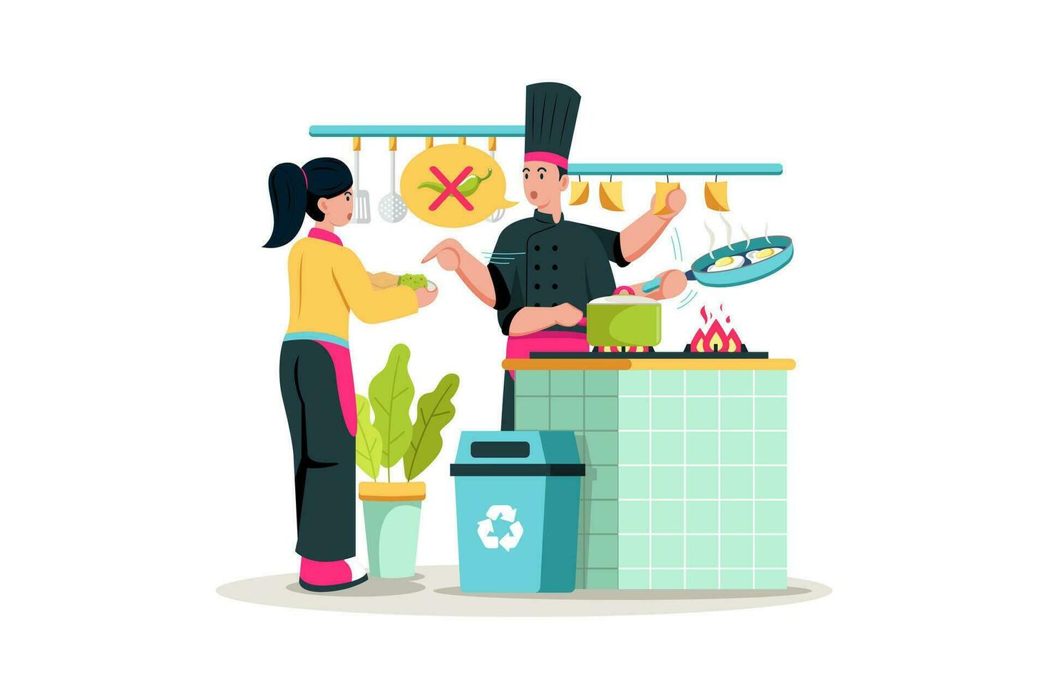 Chef preparing multiple dishes and managing kitchen staff during a busy service. vector