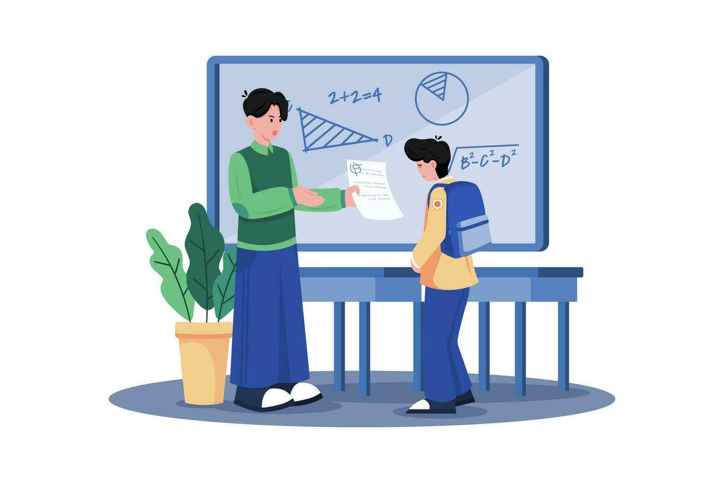 A teacher grades papers and provides feedback to students. vector