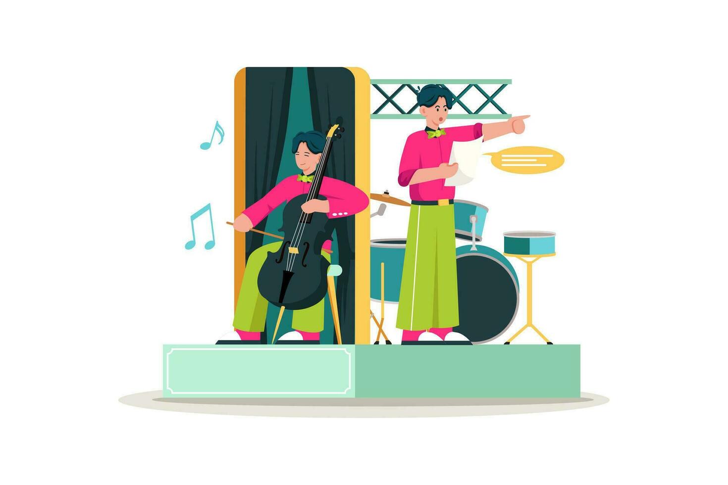 Musician performing on stage while also managing instrument changes and technical issues. vector