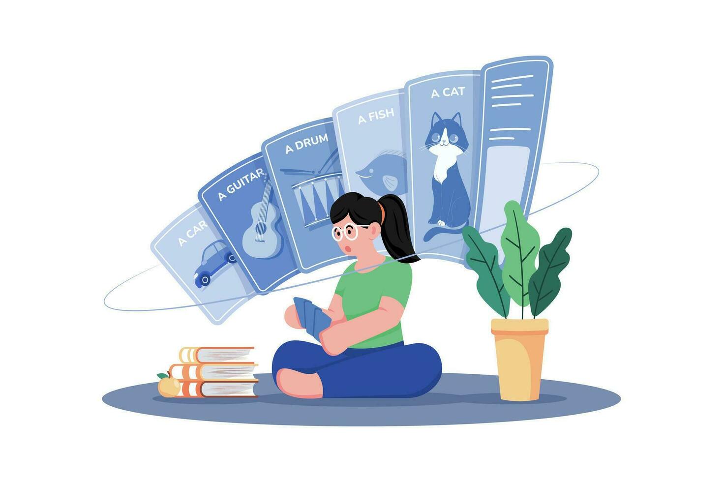 A student uses flashcards to memorize vocabulary words. vector