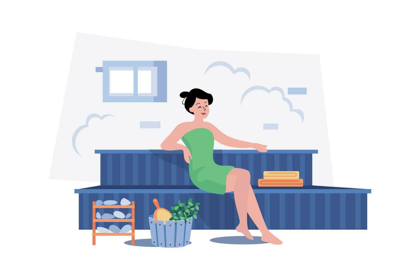 Woman Relaxing In The Sauna. vector