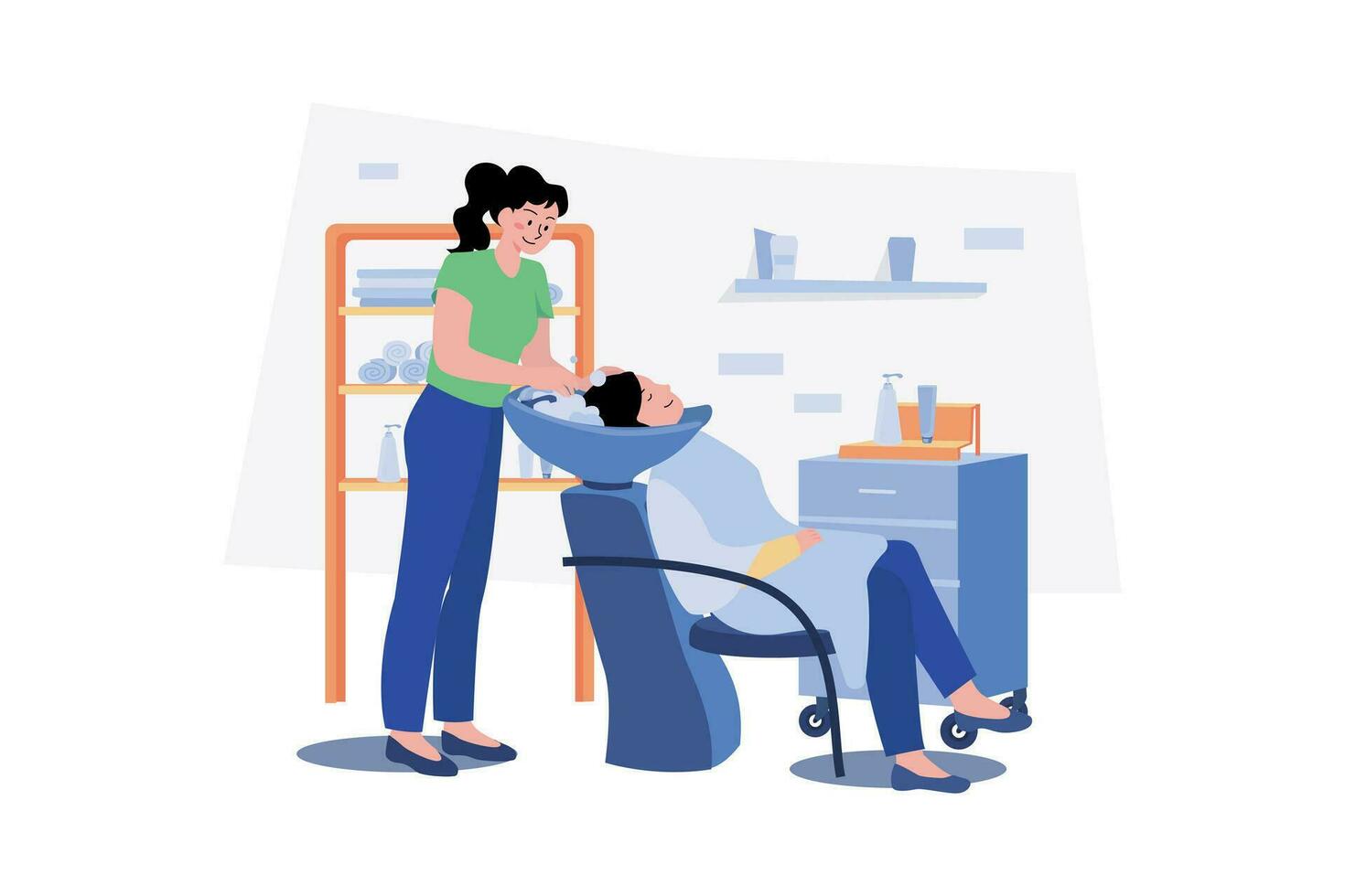 A Young Woman Having Head Washing In Beauty Salon. vector