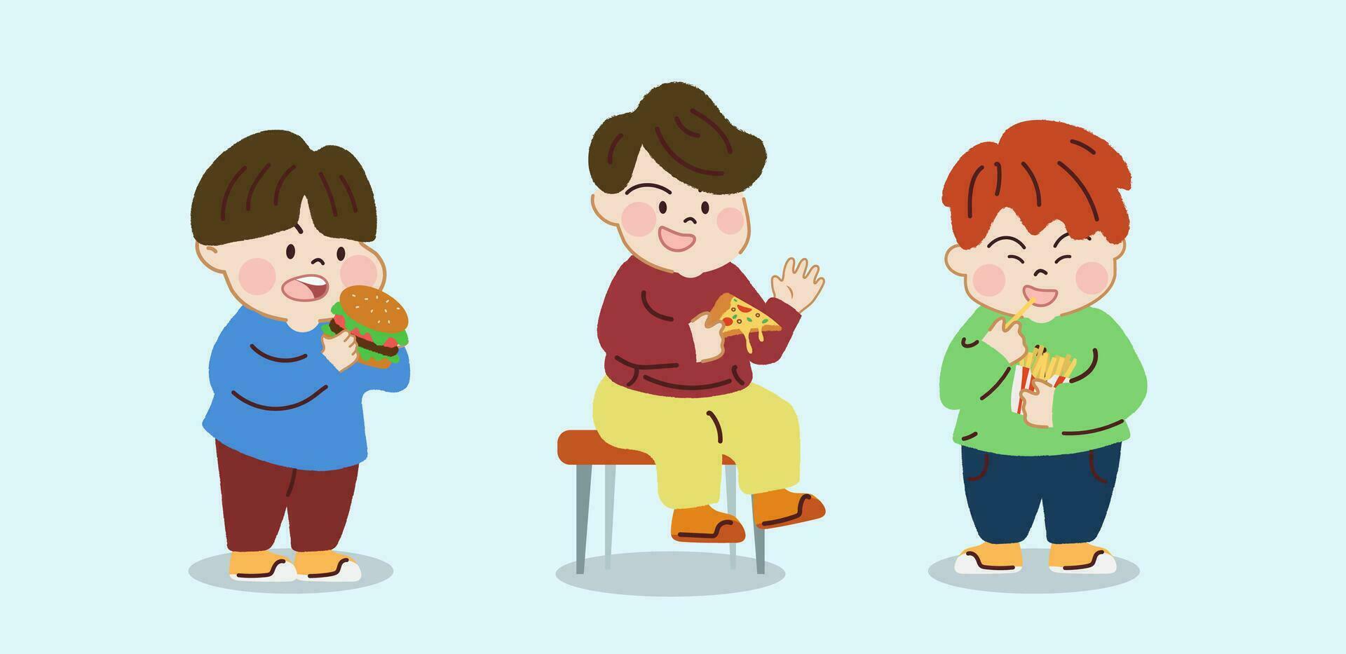 Set Happy Kids Eating Fast Food, Hamburger, Pizza, Fries. Unhealthy Food nutrition. vector