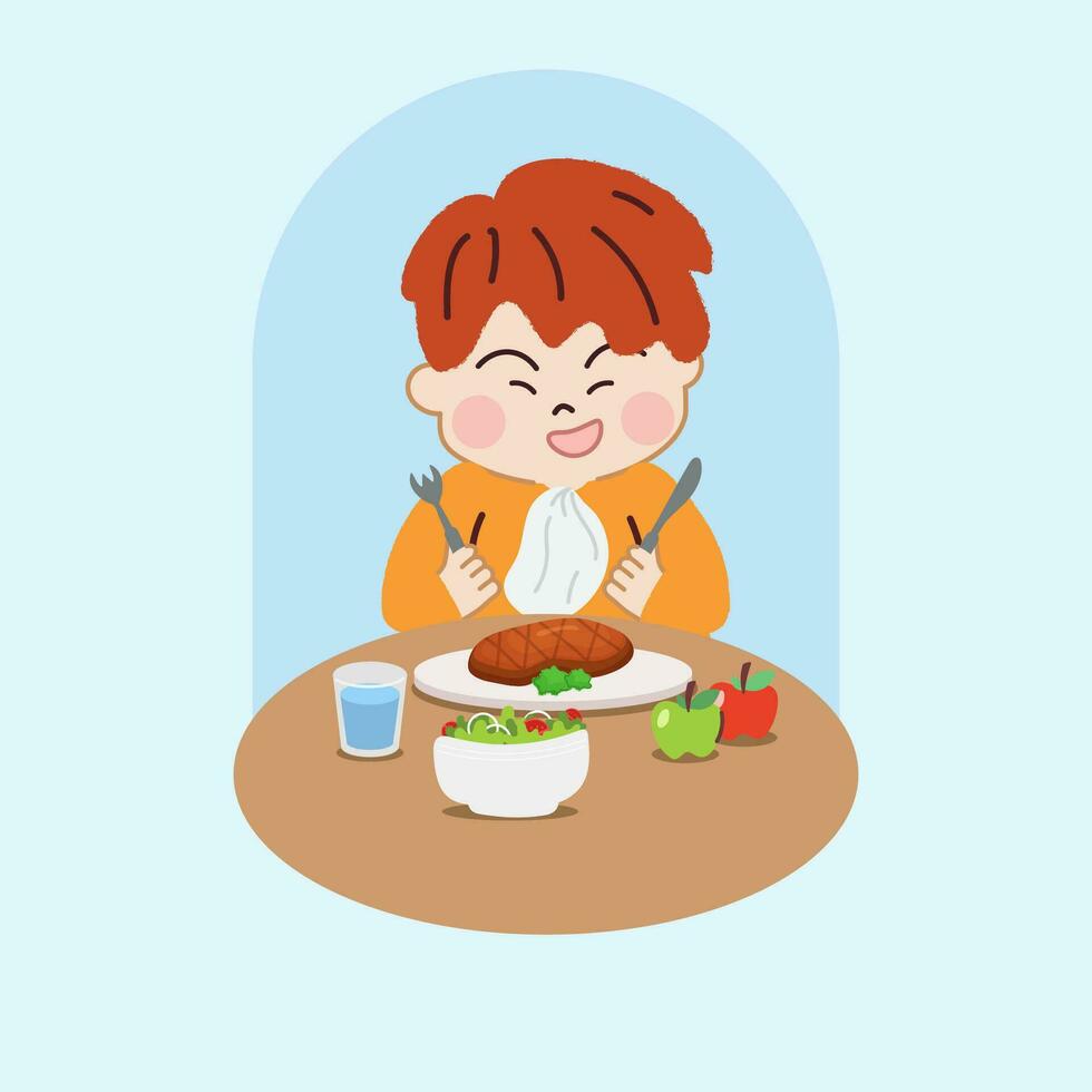 Happy Little Boy Eating Steak and Salads. Healthy Diet and Nutrition for Joyful Living. vector
