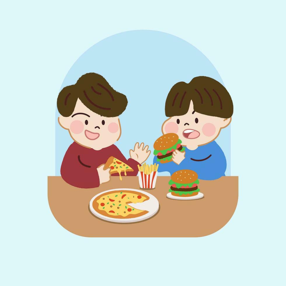 niños comiendo rápido alimento, hamburguesa, pizza, papas fritas insalubre comida nutrición. vector