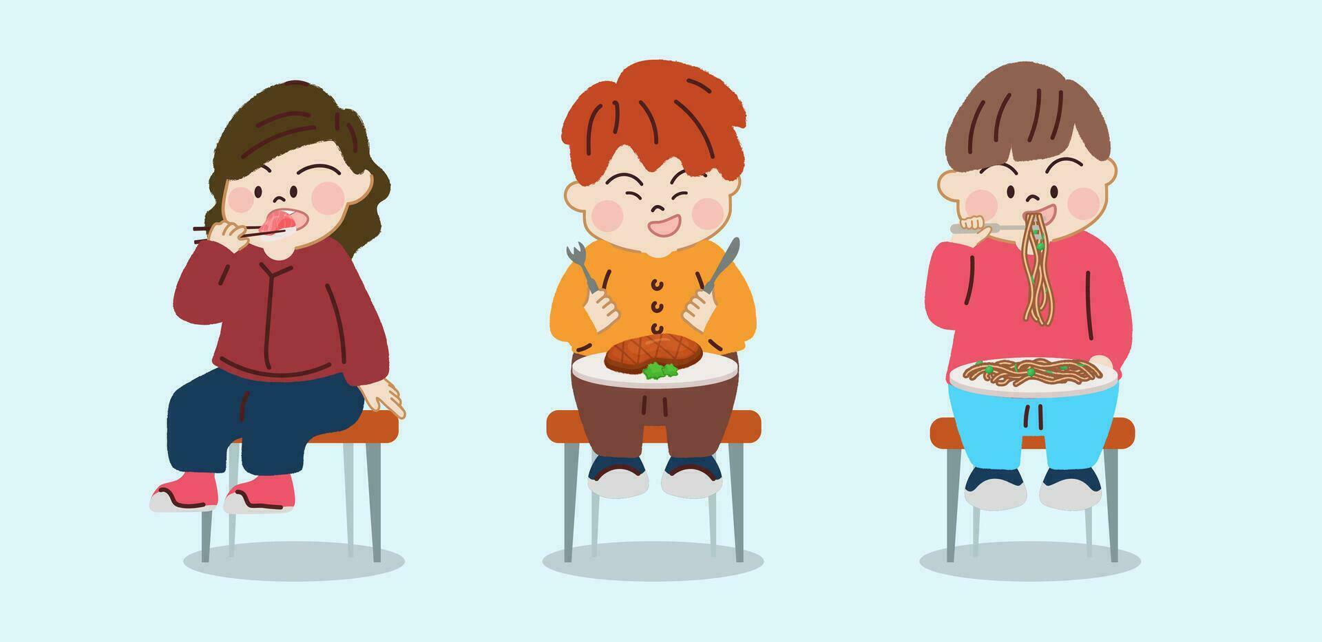 Set Happy Kids Eating Sushi, Steak, Spaghetti. Healthy Diet and Nutrition for Joyful Living. vector