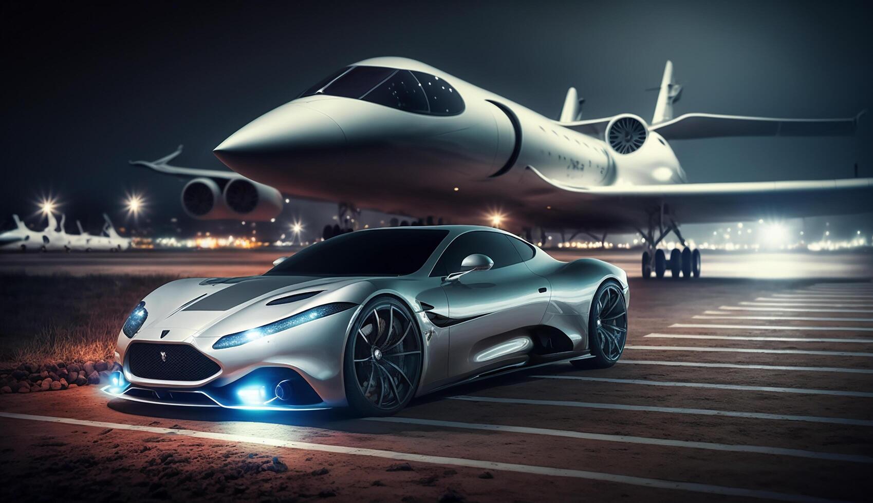 Free photo of Business class private jet and luxury car on airport.