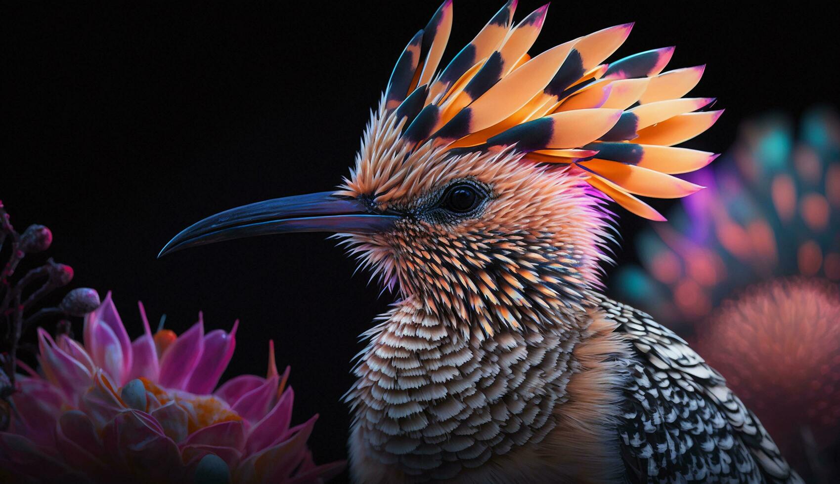 bird in colorful flowers background. AI Generative photo