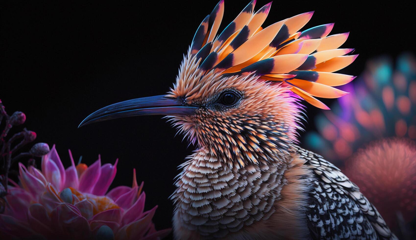 bird in colorful flowers background. photo