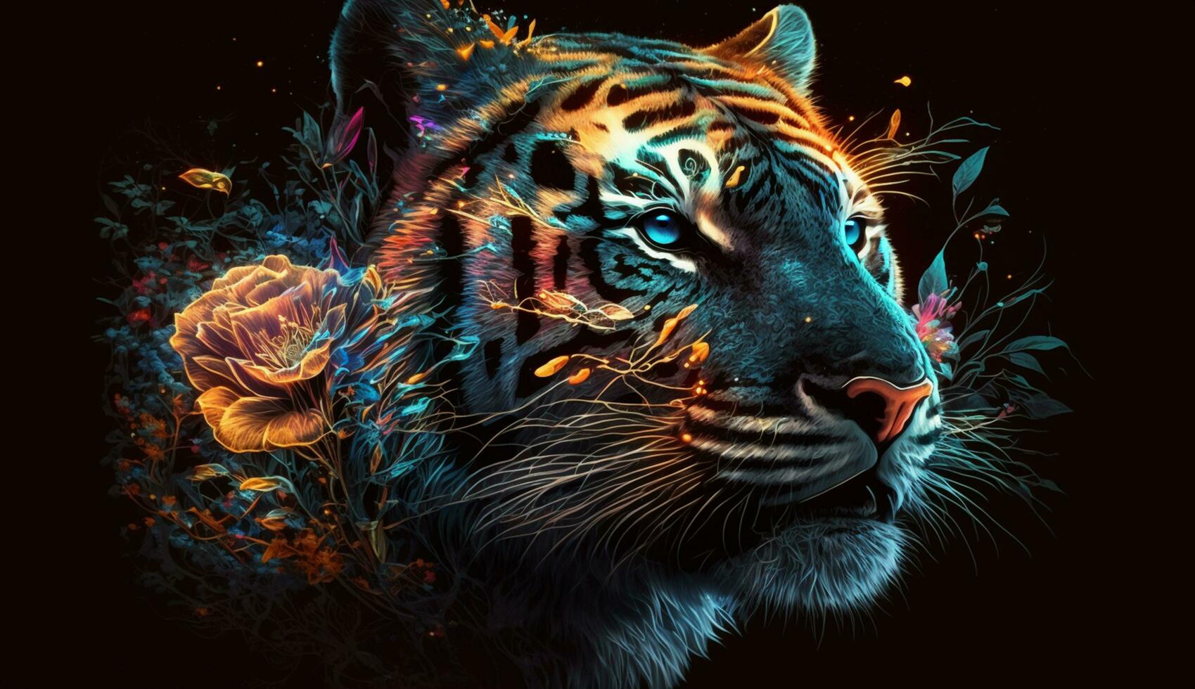 Free photo of tiger portrait with colorful glowing flowers, Ai generative image