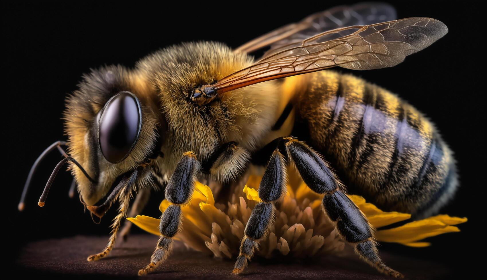 Honey Bee on dark background, Close Up Macro. AI Generative photo