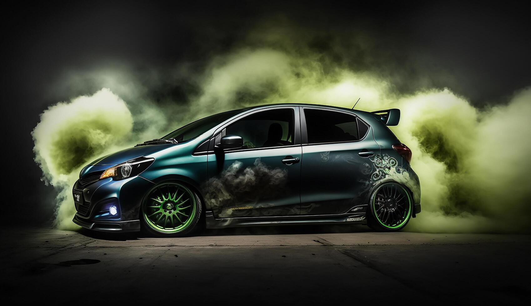 Classic modified car with dark smokie background, photo