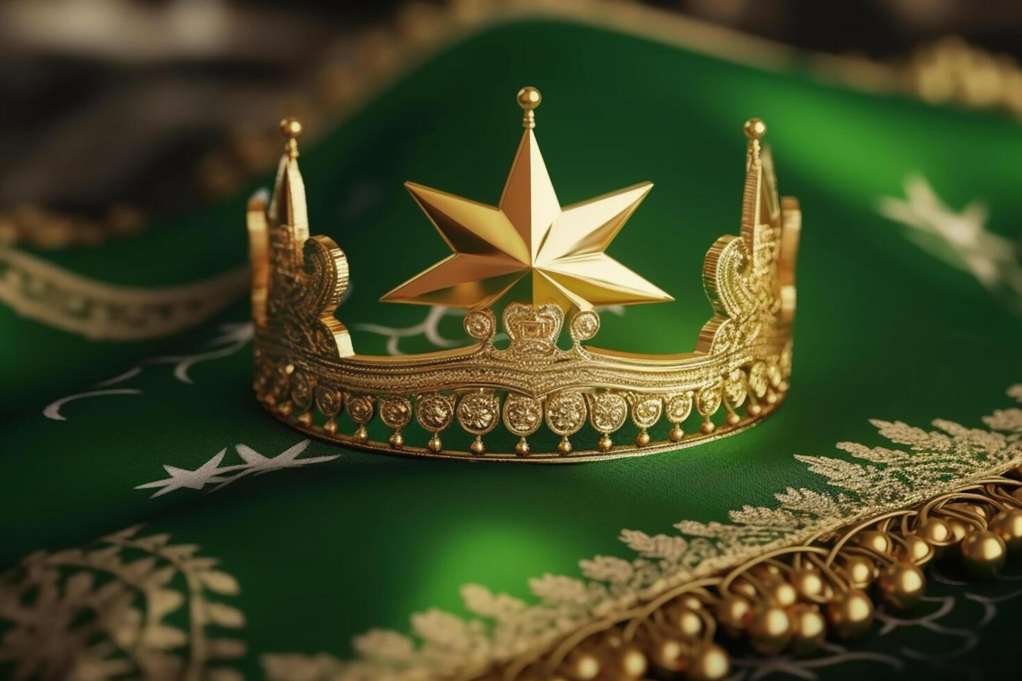 A muslim royal crown on the background of the flag of the Muslims country, photo