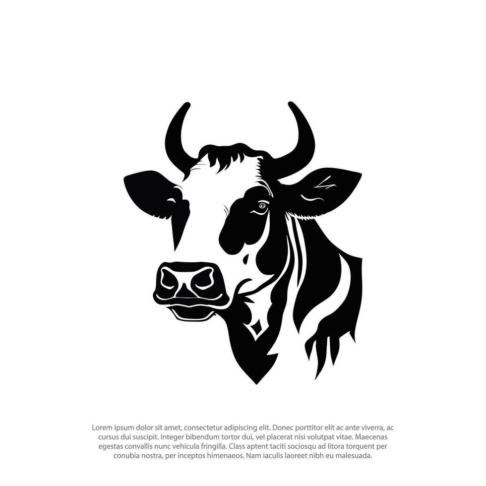 cow head. black and white vector image, with horn, farm milk logo,  cow mascot, illustration of a black silhouette of a cow. Isolated white background.