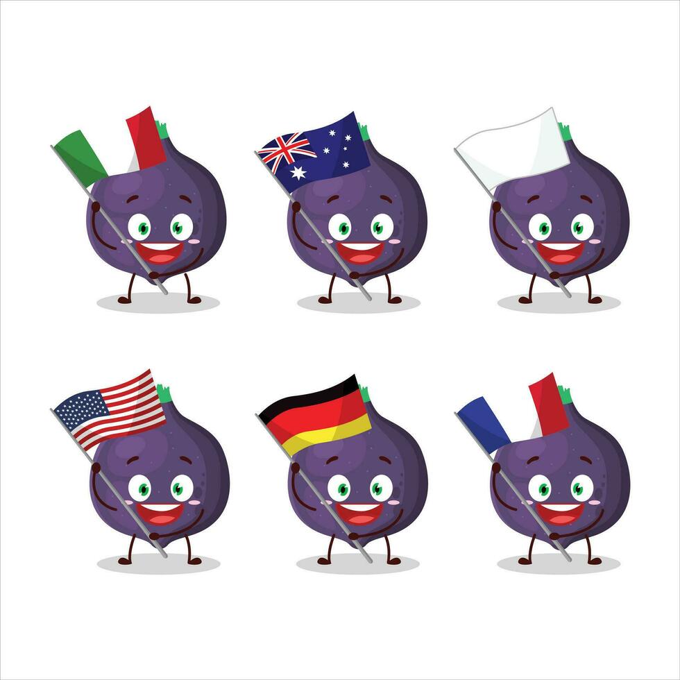 higo dibujos animados personaje traer el banderas de varios países vector