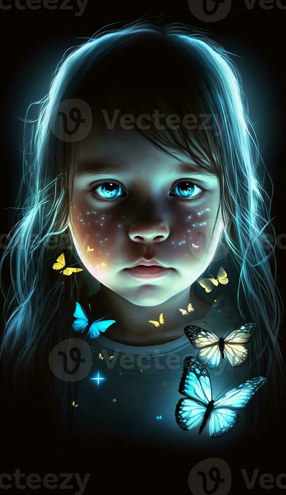 A little girl with glowing neo lights butterfly. Generative AI image. photo