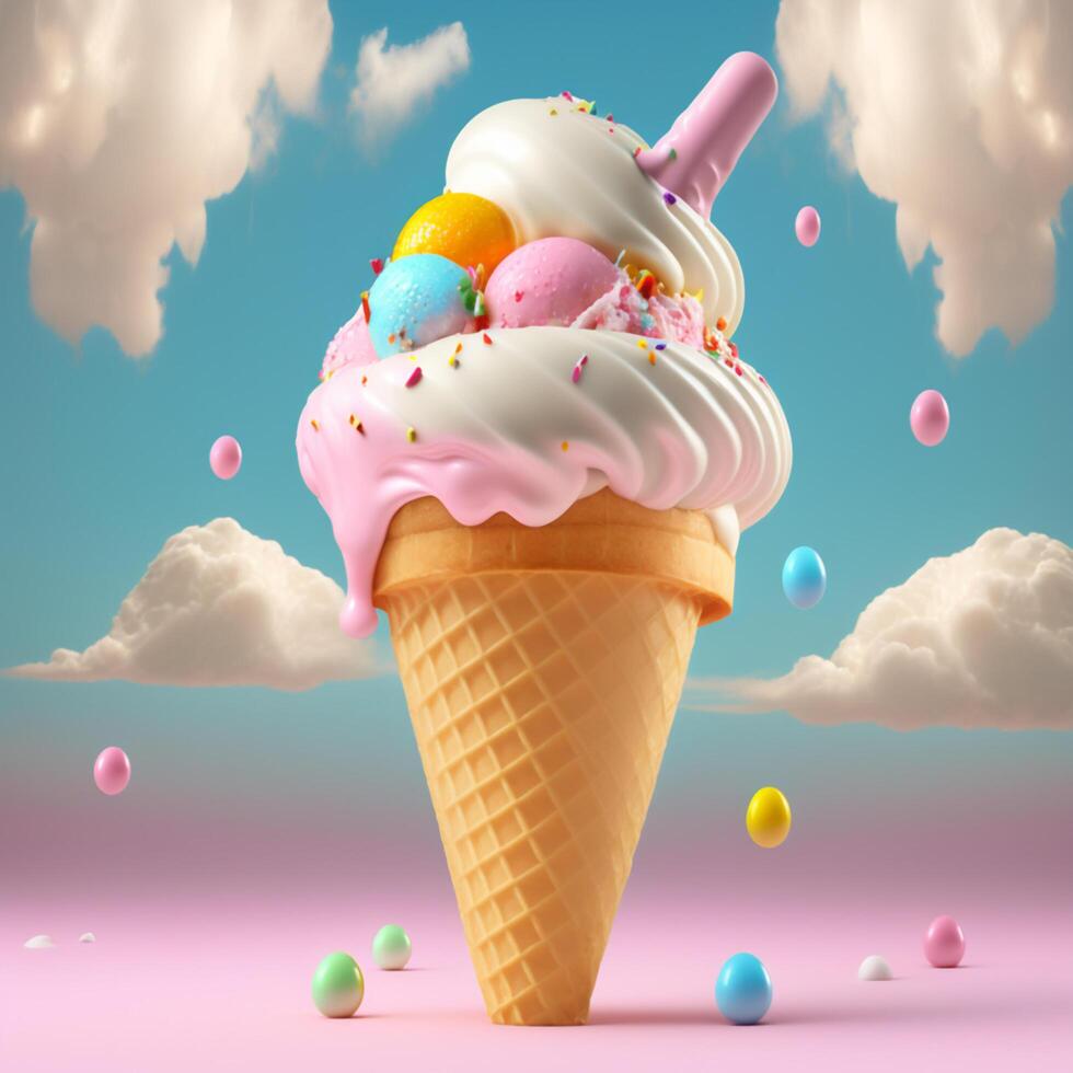 colorful flavor ice cream in cone on splash pastel background. Summer creative concept. AI Generative photo