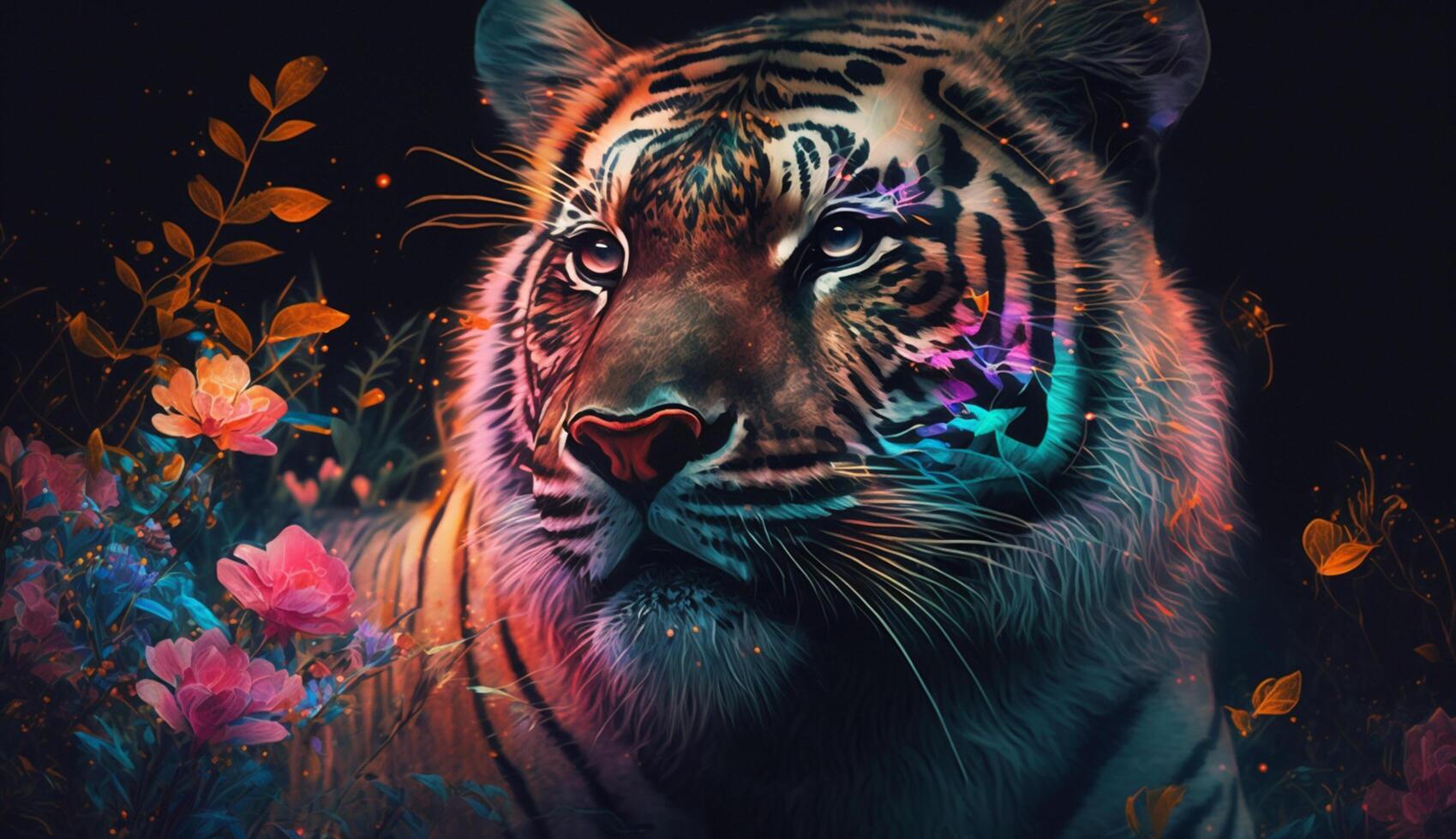 Free photo of tiger portrait with colorful glowing flowers, Ai generative image