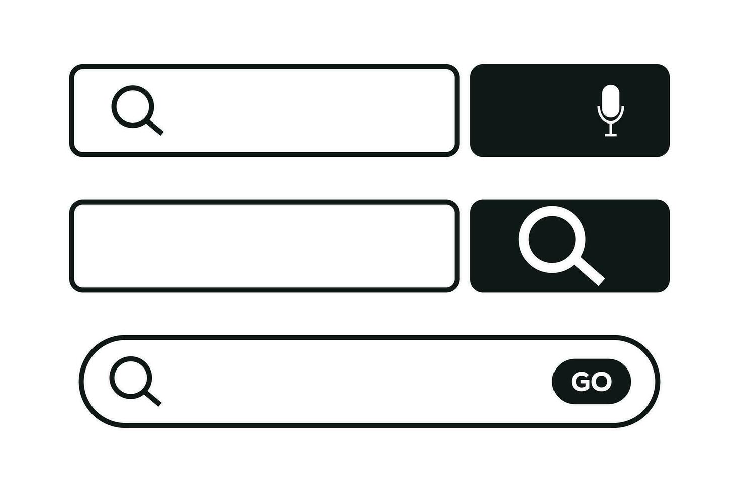 Voice-activated search box, GO search button, Web search bar, magnifying glass search button and a microphone icon for voice search in the search bar. vector