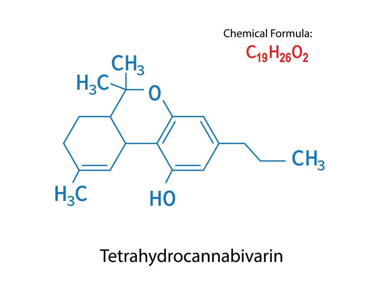 Tetrahydrocannabivarin or THCV cannabinoid molecule skeletal formula. Vector illustration.