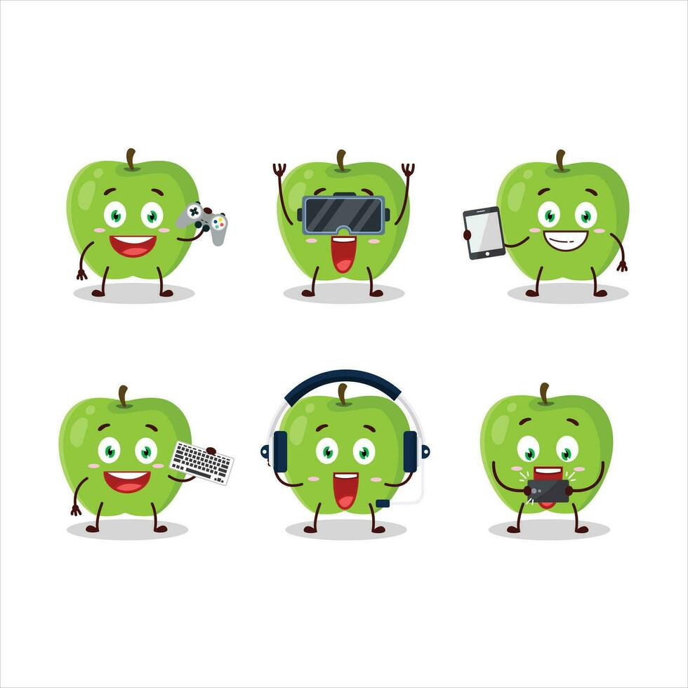 New green apple cartoon character are playing games with various cute emoticons vector