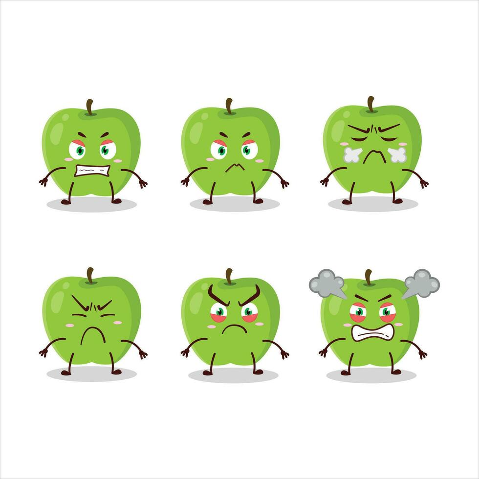 nuevo verde manzana dibujos animados personaje con varios enojado expresiones vector