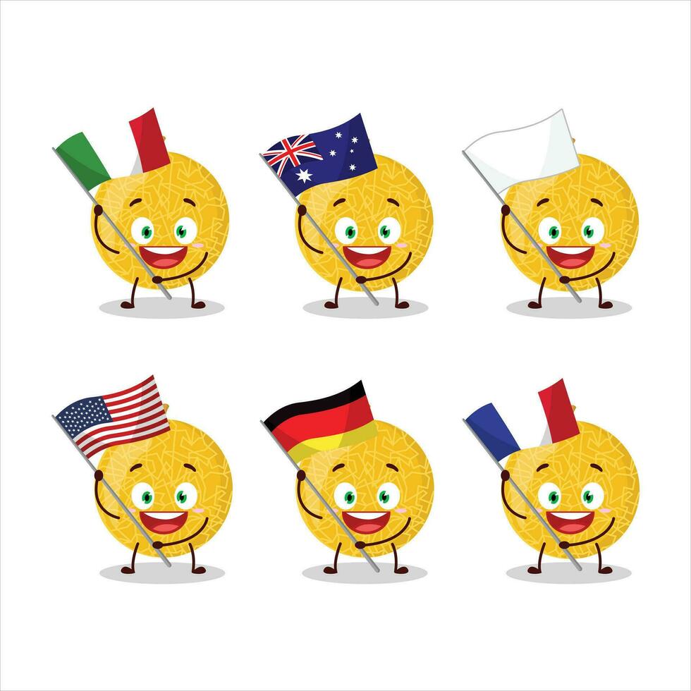 Yellow melon cartoon character bring the flags of various countries vector