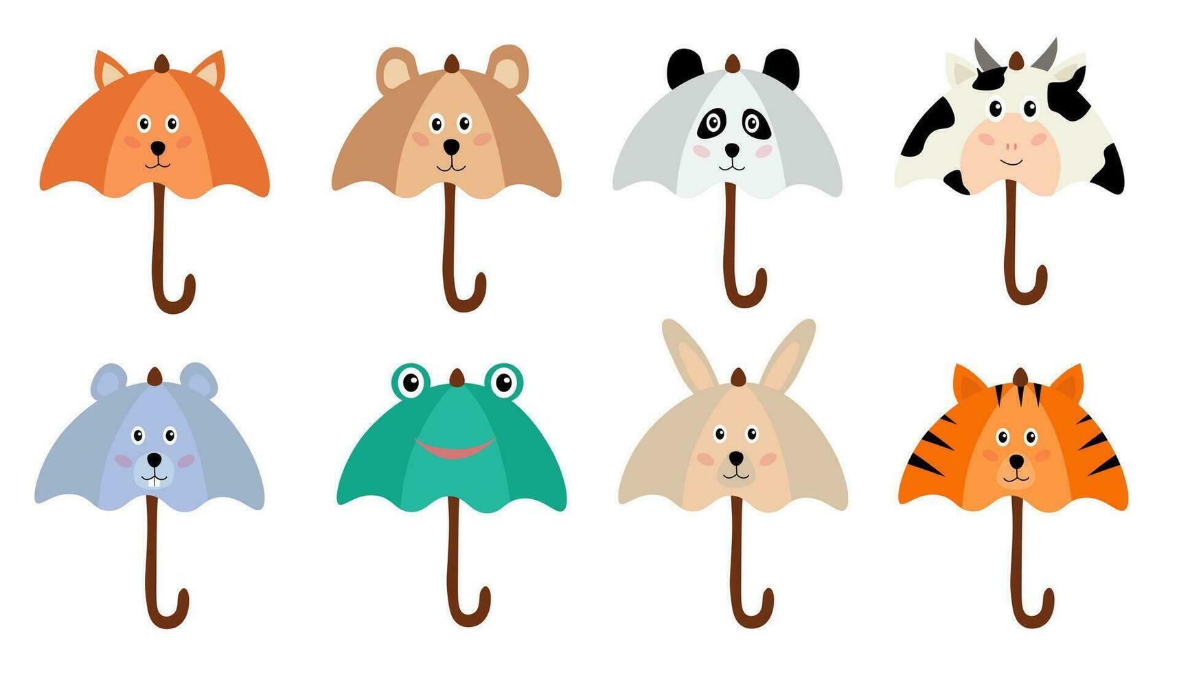 Collection of animalistic umbrellas. Pictures for children. Accessories with animals. Rabbit, fox, bear, mouse, frog, tiger, panda, cow. Graphic elements. Flat vector illustration set.