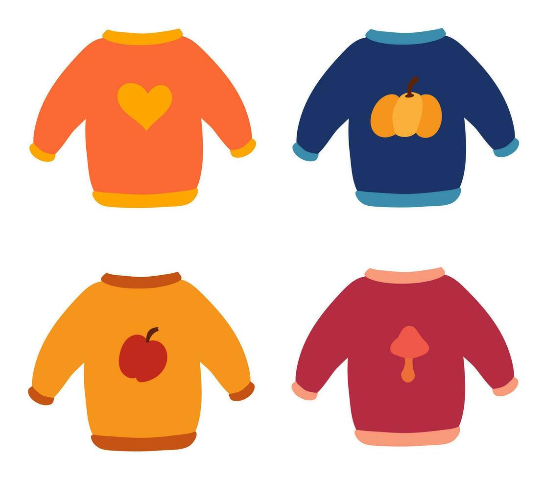 Collection of autumn sweaters with different designs. Cozy fall. Vector flat illustration.