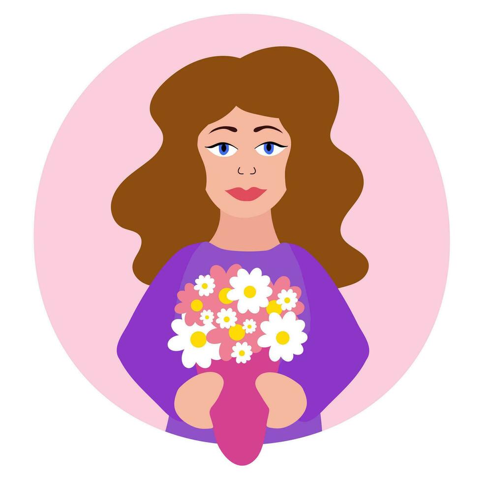 Woman holding a bouquet of flowers. Concept for the Mother's day, Valentine's day, March 8 women's day, Birthday. Cute girl with flowing hair. Vector flat illustration