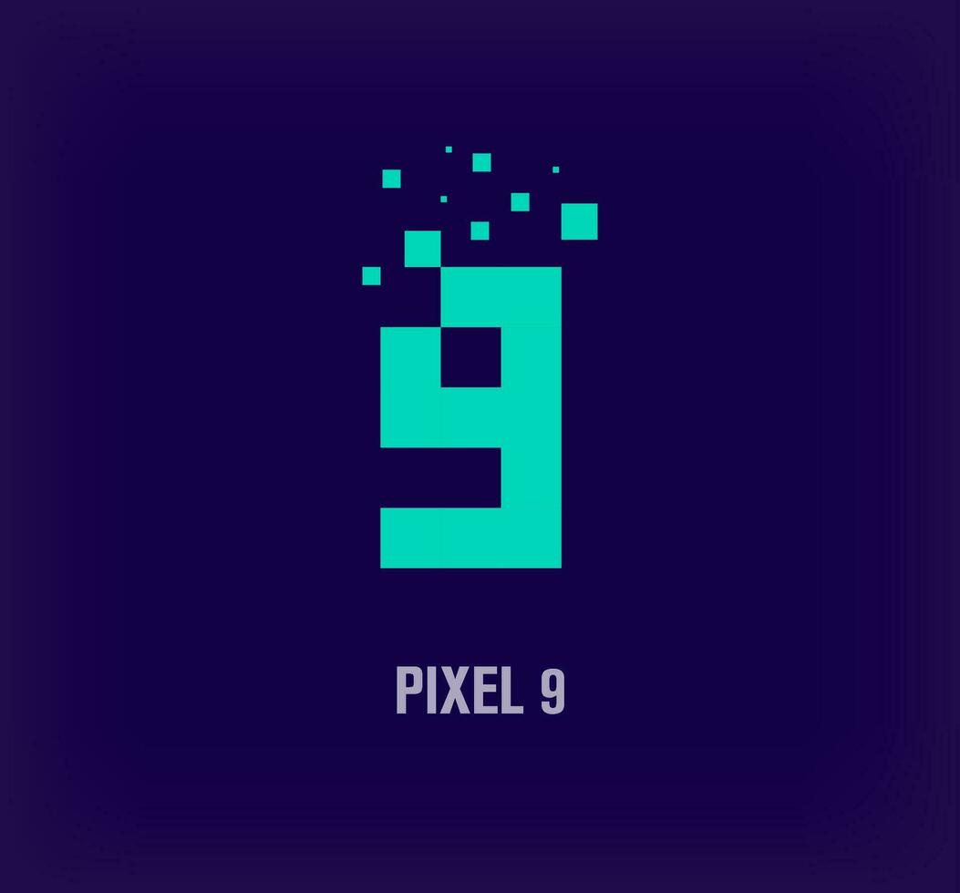 Creative pixel number 9 logo. Unique digital pixel art and pixel explosion template. vector