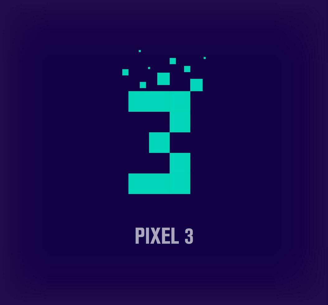 Creative pixel number 3 logo. Unique digital pixel art and pixel explosion template. vector