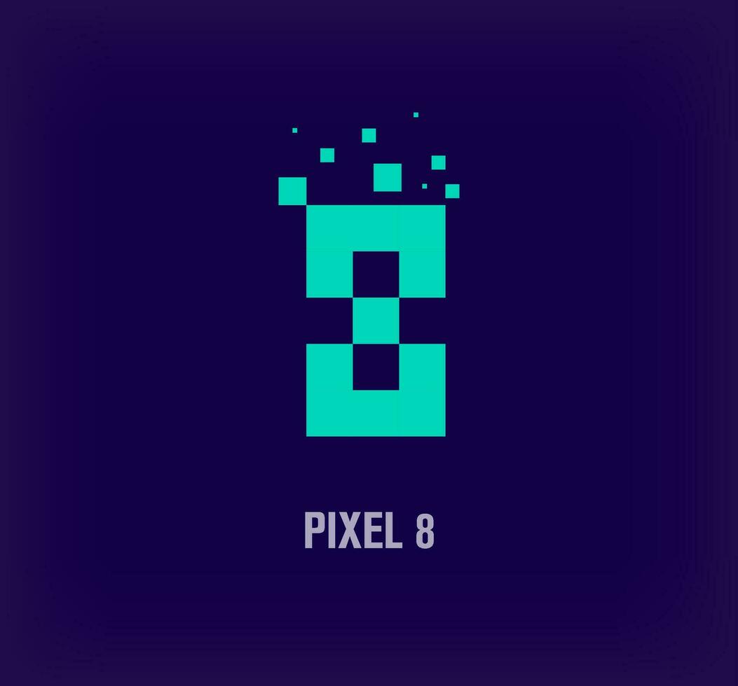 Creative pixel number 8 logo. Unique digital pixel art and pixel explosion template. vector