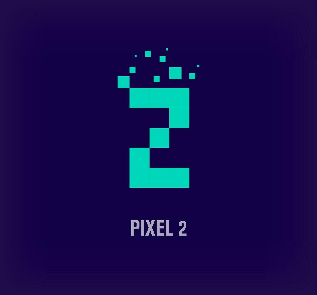 Creative pixel number 2 logo. Unique digital pixel art and pixel explosion template. vector