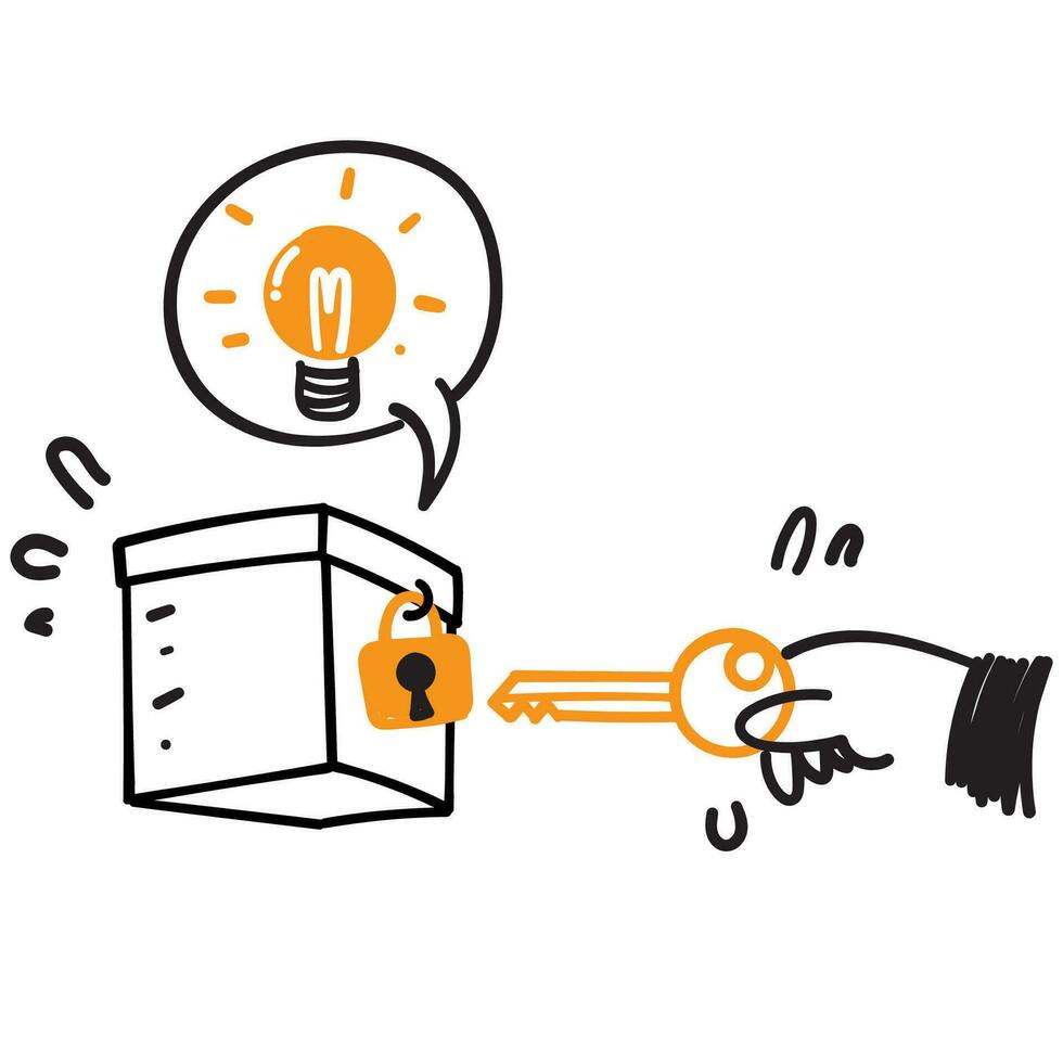 hand drawn doodle trying to release light bulb idea under lock illustration vector