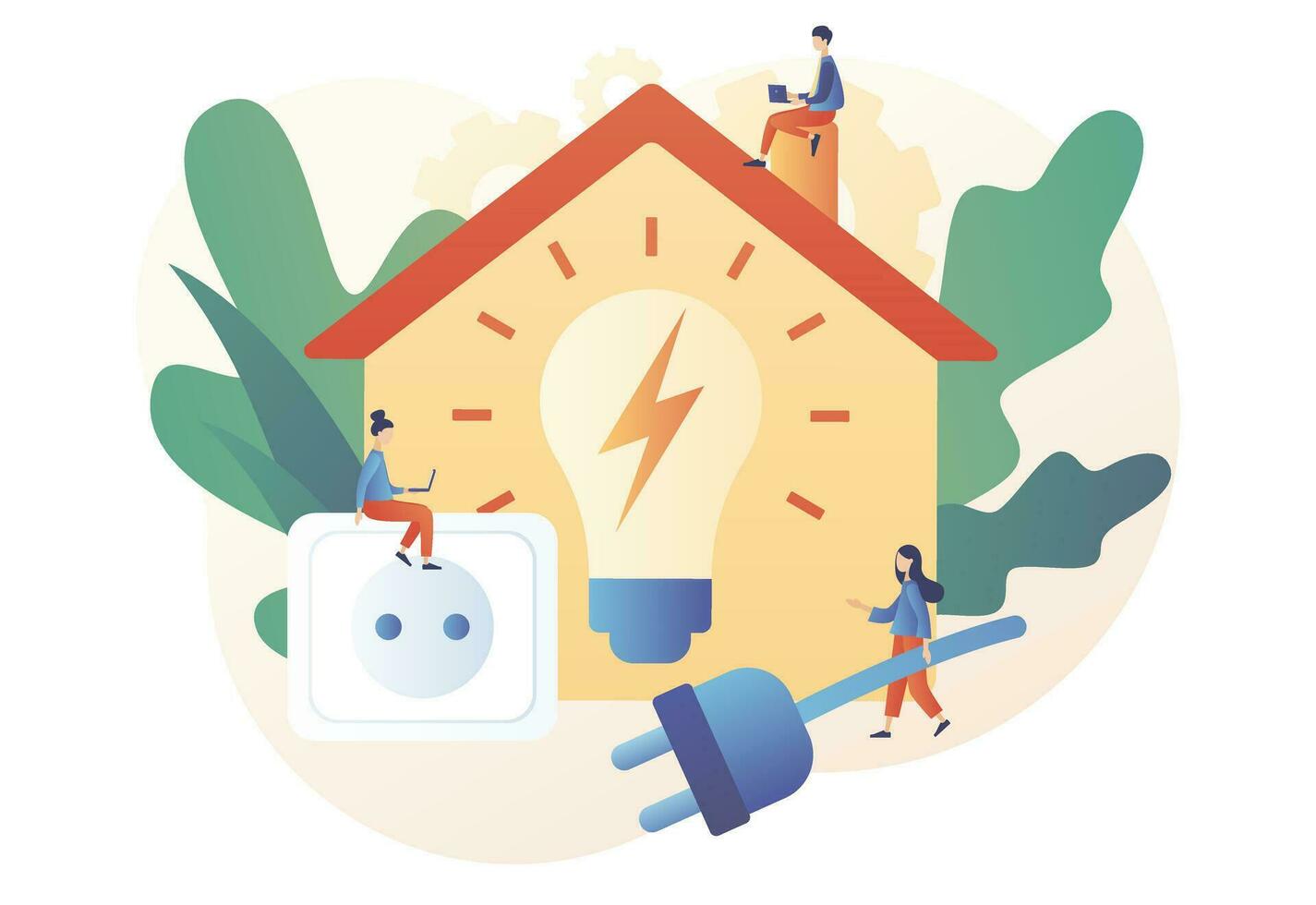 Sustainability concept. Energy saving. Tiny people unplug appliances and use energy saving light bulb. Reduce energy consumption at home. Modern flat cartoon style. Vector illustration