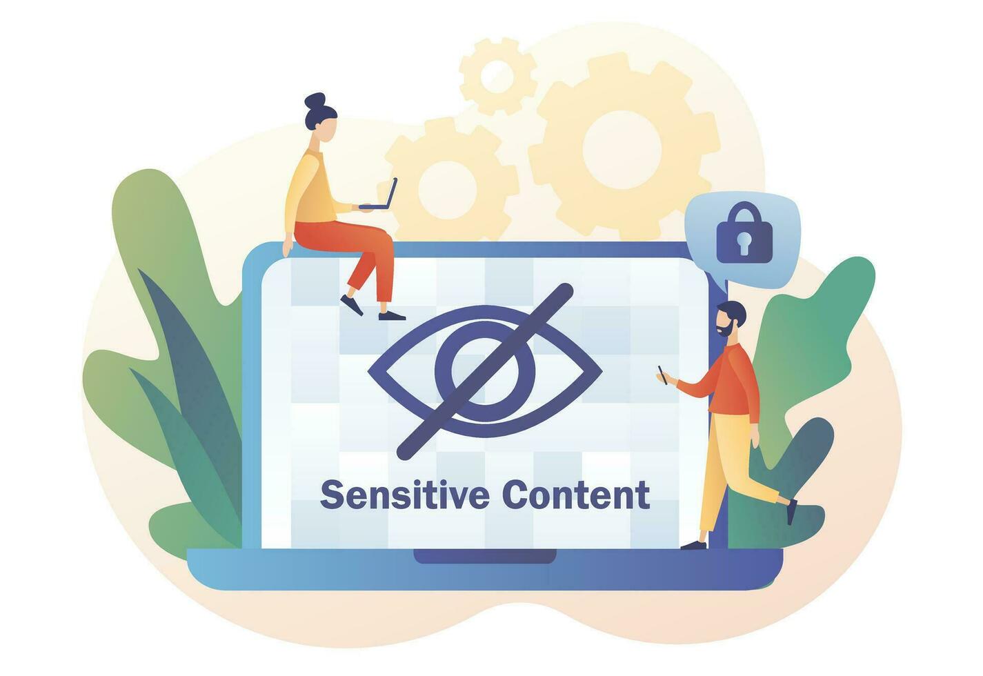 Eye crossed sign on laptop screen. Sensitive content concept. Explicit content in social media, website, photos, pictures and video. Hide view. Modern flat cartoon style. Vector illustration