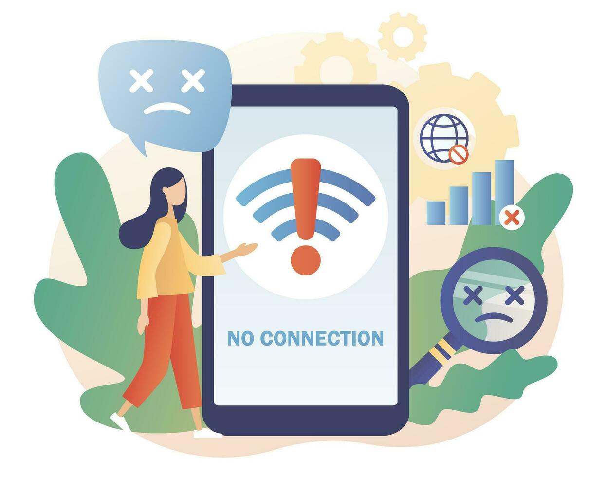 No internet connection on smartphone. No signal network. Wireless connectivity disconnect. Error connection wifi. Modern flat cartoon style. Vector illustration on white background