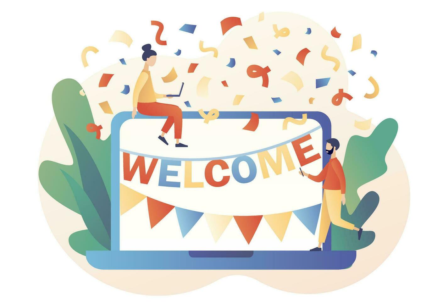 Welcome concept. Friendly team happy to new team member. Online event, celebrate, meeting, greeting. Modern flat cartoon style. Vector illustration on white background
